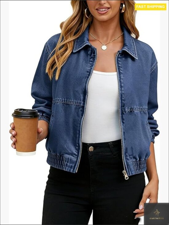 Jackets & Blazers - Cropped Denim Bomber Jacket Oversized Boyfriend Style Zip Up Casual